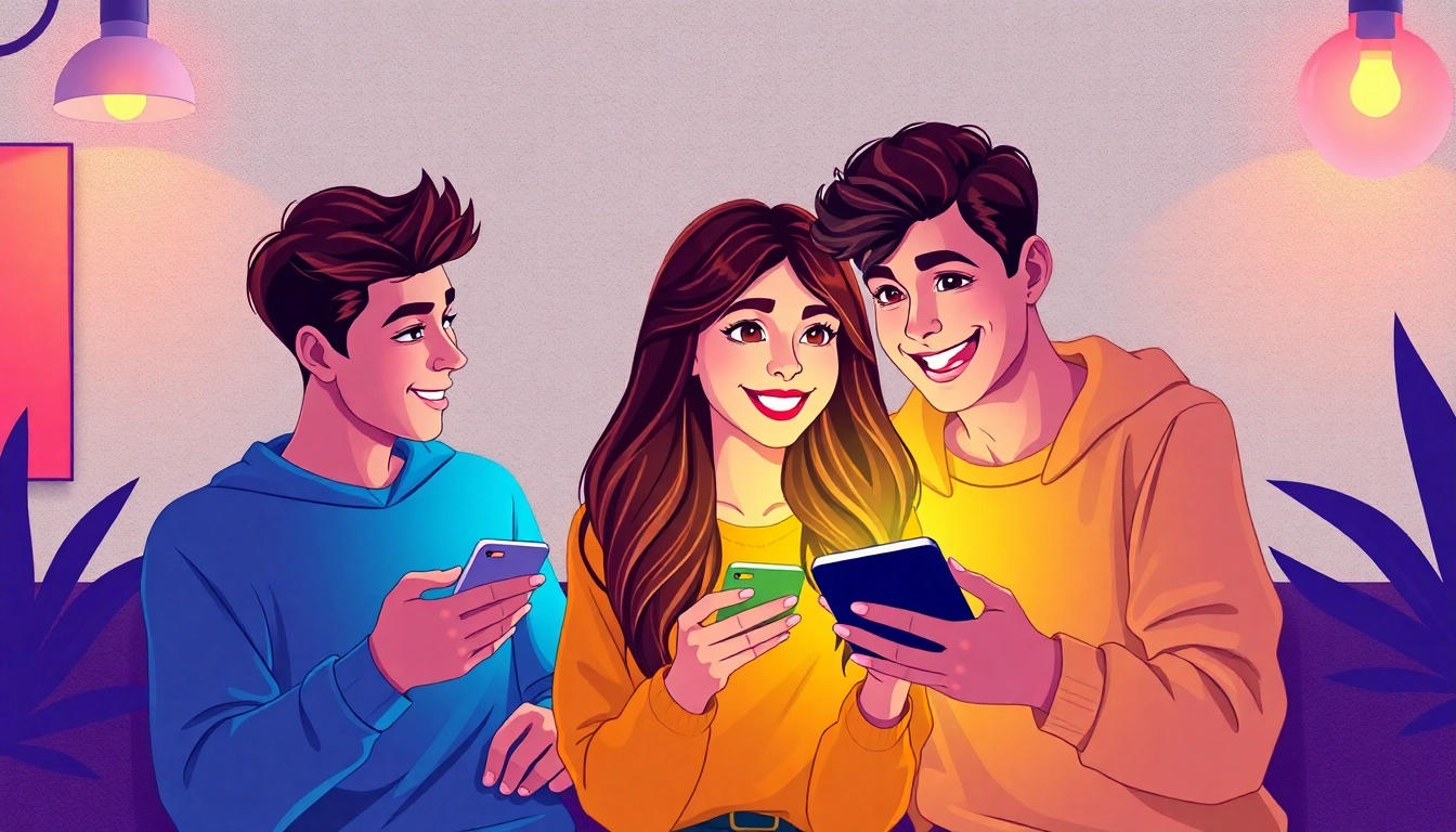 Young people exchanging plans culs via smartphones in a modern setting, emphasizing digital