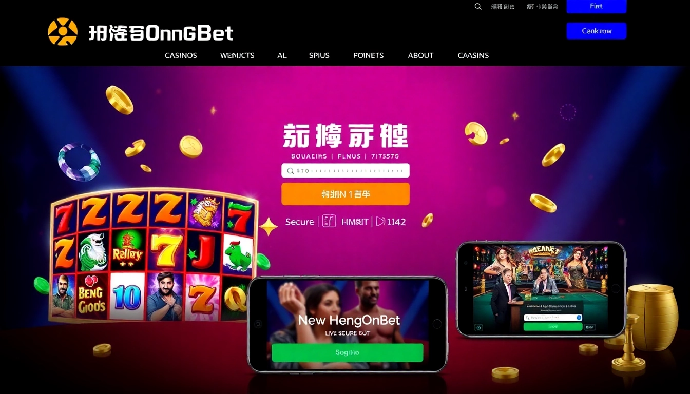 Hengongbet logo displayed on secure login screen with vibrant casino elements and mobile device