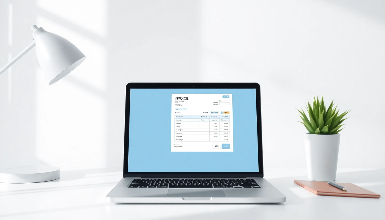 Fast Invoice Gen process on laptop with professional template, highlighting quick and easy