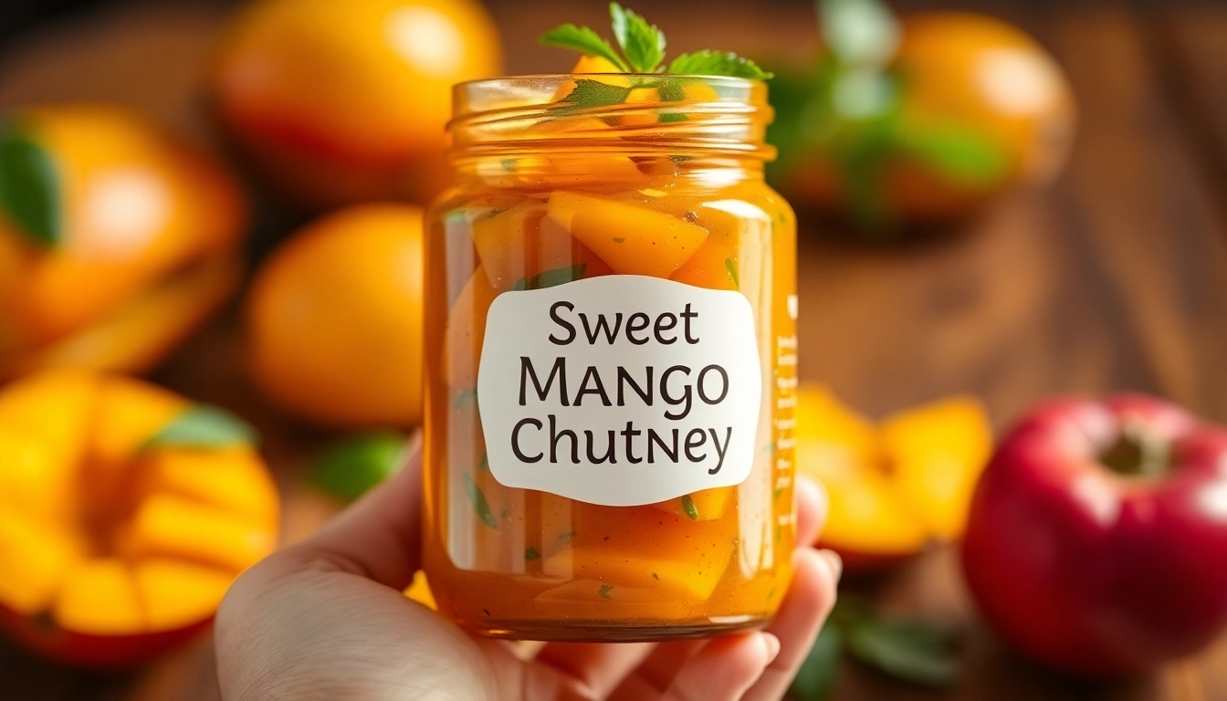 Sharp image of a jar of Sweet Mango Chutney with mango slices and spices, showcasing fresh