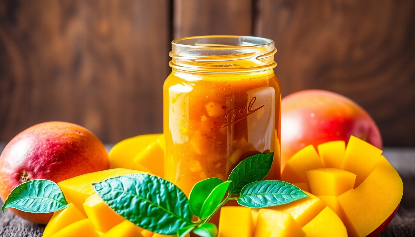 Sweet Mango Chutney served in a glass jar with fresh mango slices for vibrant presentation